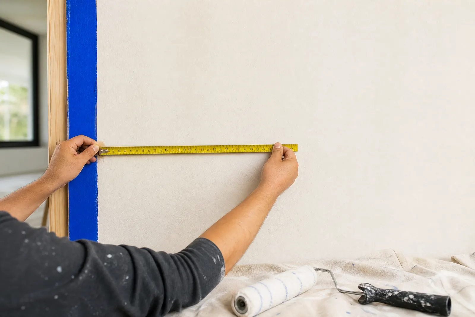 Cinta métrica sobre una pared clara durante la preparación de pintura